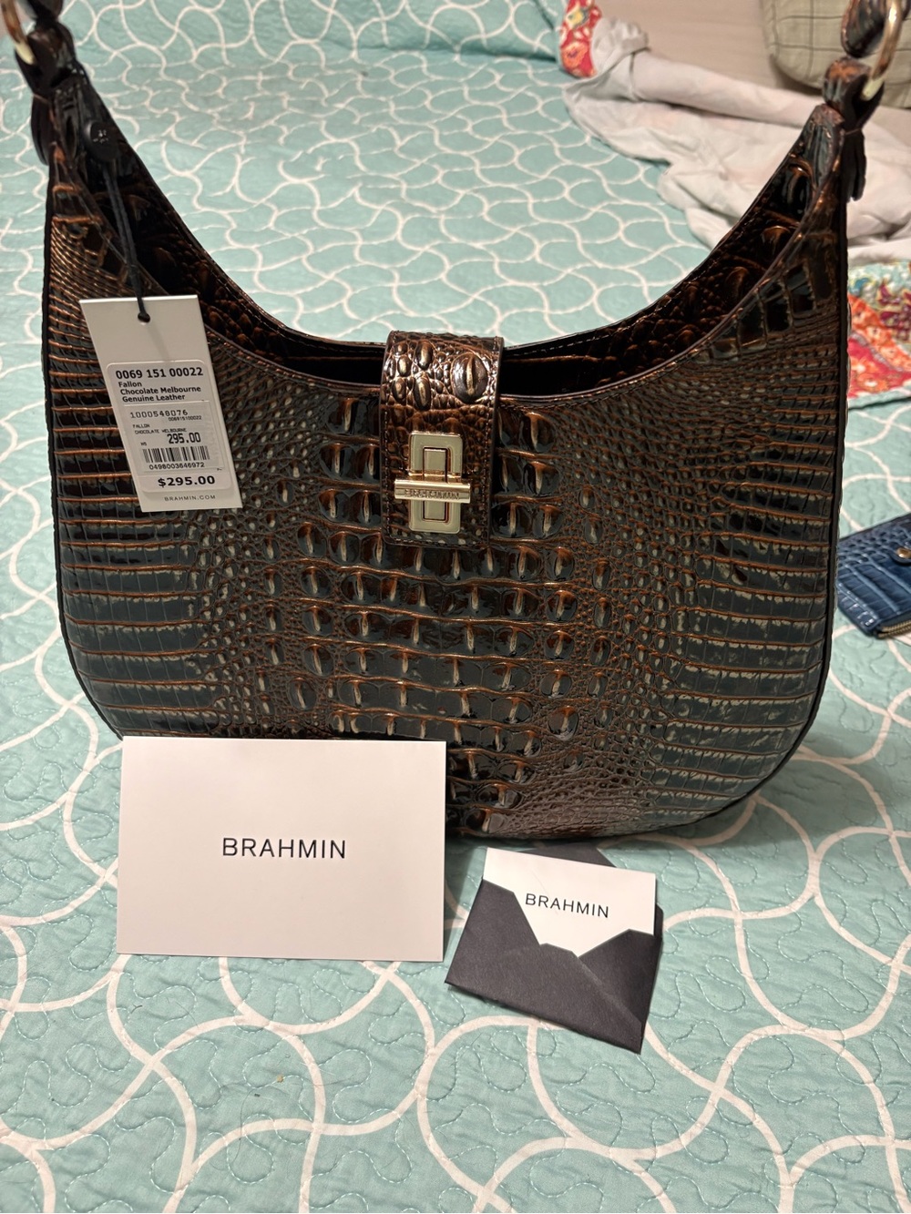 Brahmin Brown Croc-Embossed Shoulder Bag with Gold Hardware